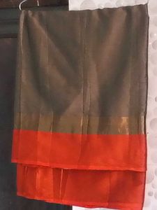 New Elegant Grey&amp;Orange LaceBorder CottonSilk Sar
