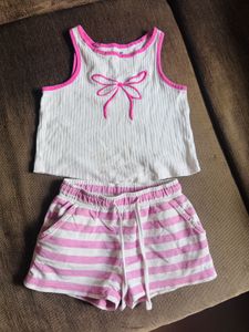 Bow Pink & White Striped Shorts Set
