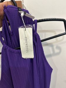 New!pleated  Purple Halter Neck Midi Dress