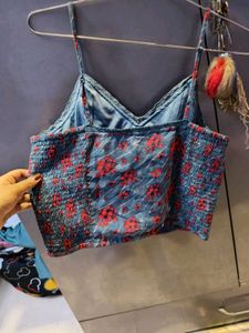 Blue Floral Smocked Crop Top
