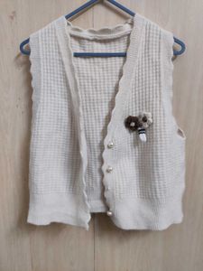 Cream Waffle Knit Vest with Pearls