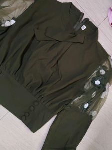 Stylish Olive Green Top with Net Sleeves