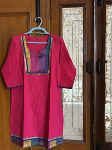 Vibrant Pink Kurta with Embellished Neckline