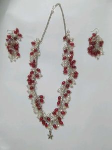 Red &amp; Clear Beaded Necklace &amp; Earrings Set