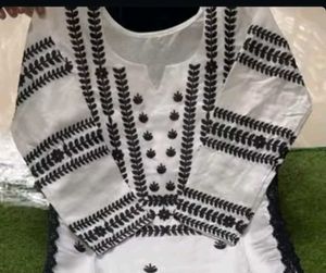 New White Kurta with Black Embroidery