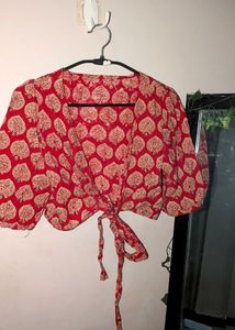 Red Block Print Crop Blouse