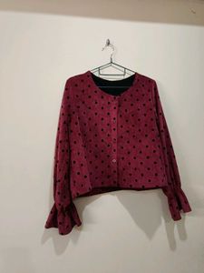 Maroon Polka Dot Button-Up Top