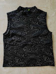 Sleek Black & Silver Swirl Mock Neck Top