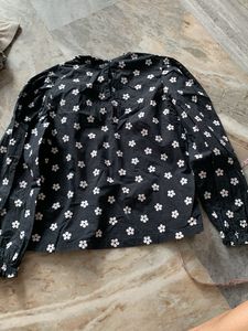 Black Floral Print Button-Up Top