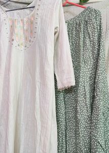 Elegant White &amp; Green Kurta Set