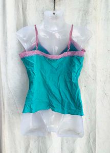 Turquoise Cami Top with Pink Lace Trim