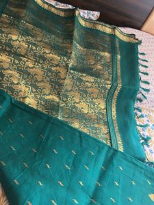 Elegant Green Silk Saree with Gold Border without