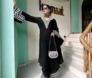 Elegant Black Kurta Set with White Embroidery