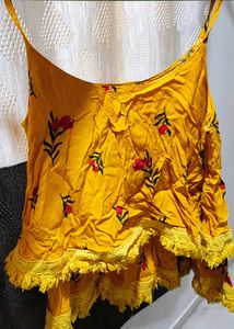 Yellow Floral Kurta Set with Tassels crop top