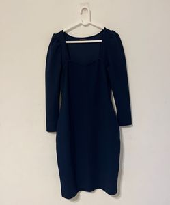 Navy Blue Square Neck Puff Sleeve Dress