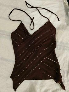Brown Halter Neck Embellished Top
