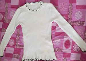 White Ribbed Long Sleeve Top with Scalloped Trim