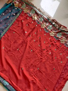 Heavy Designer Tomato Red &amp; Blue Saree With Blouse