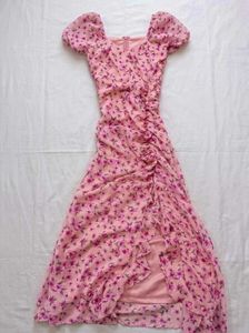 Chic Pink Floral Ruched Midi Dress