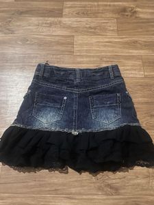 Denim Mini Skirt with Lace Trim