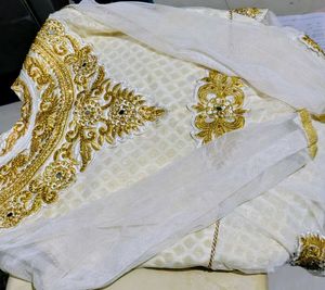 Elegant Cream &amp; Gold Embroidered Maxi Dress