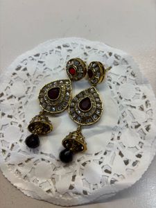 Exquisite Jhumka Earrings with Maroon Stones