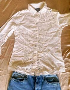 Chic White Cut work Button-Down Shirt