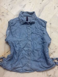 crop Denim Shirt with Ring Detail