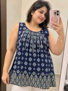 Blue Printed Sleeveless Kurti 38"-40"