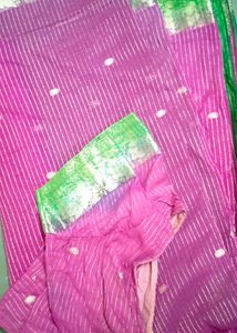 Vibrant Pink &amp; Green Striped Saree
