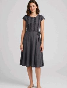 Chic Grey Ruffle Detail Midi Dress