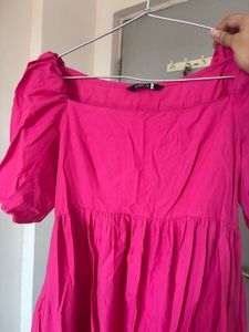 Chic Pink Puff Sleeve Square Neck Dress