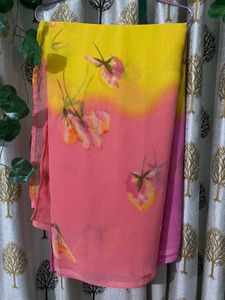 Floral Print Saree - Pink &amp; Yellow