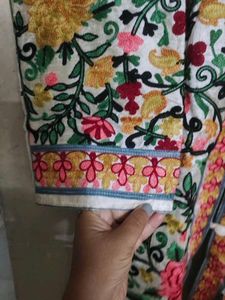 Ivory Kashmiri Aari Embroidered Woolen Long Jacket