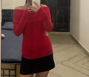 🍓Savana Red Off-Shoulder Knit Top🍓