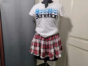 Benetton Graphic T-Shirt and Plaid Skirt Set