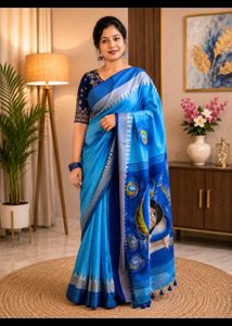 Stunning Blue Cotton Saree with Peacock Motif