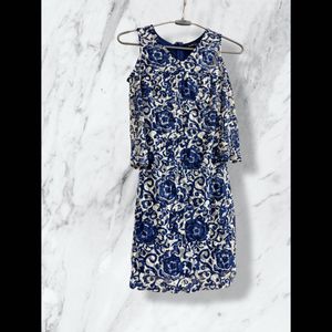 Blue &amp; White Floral Cold Shoulder Dress