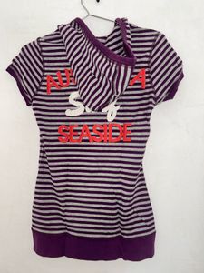 Purple &amp; grey striped hoodie tee (S)