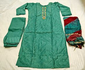 Maslin material Green Kurta Set with Dupatta