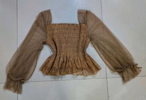 Elegant Smocked Top with Sheer Sleeves