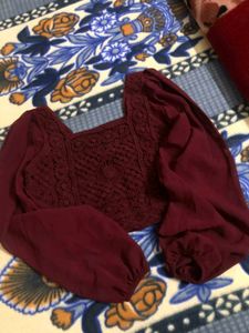 Maroon Crochet Detail Blouse Top