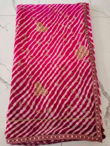 Vibrant Pink Leheriya Saree with Golden Buti