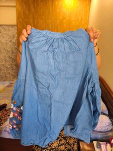 Blue Embroidered Denim Shirt for women