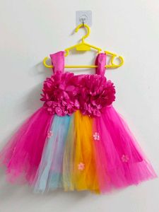 New Rainbow Tulle Dress with Flower Embellishments