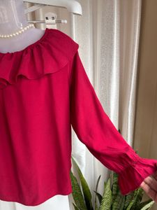 Imported red Ruffle Neck Top