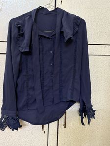Elegant Navy Blue Lace Cuff Blouse