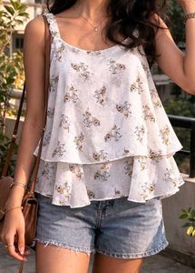 White Print Sleeveless Layered Top