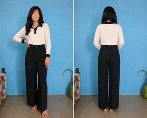 cream & black Collared Long Sleeve Top with pant