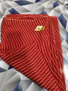 Vibrant Red Saree with Golden Stripes